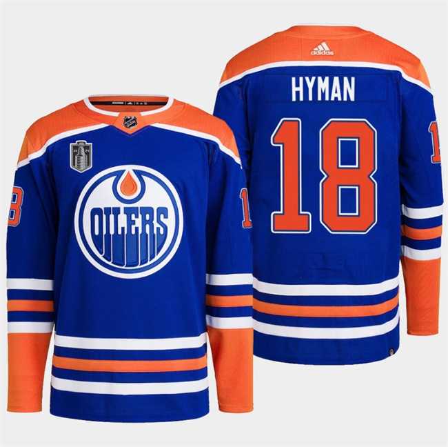 Mens Edmonton Oilers #18 Zach Hyman Royal 2024 Stanley Cup Final Patch Stitched Jersey Dzhi->edmonton oilers->NHL Jersey